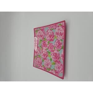 Signed Pink Roses Reverse Painted Glass Catchall Trinket Tray By Lilly Pulitzer